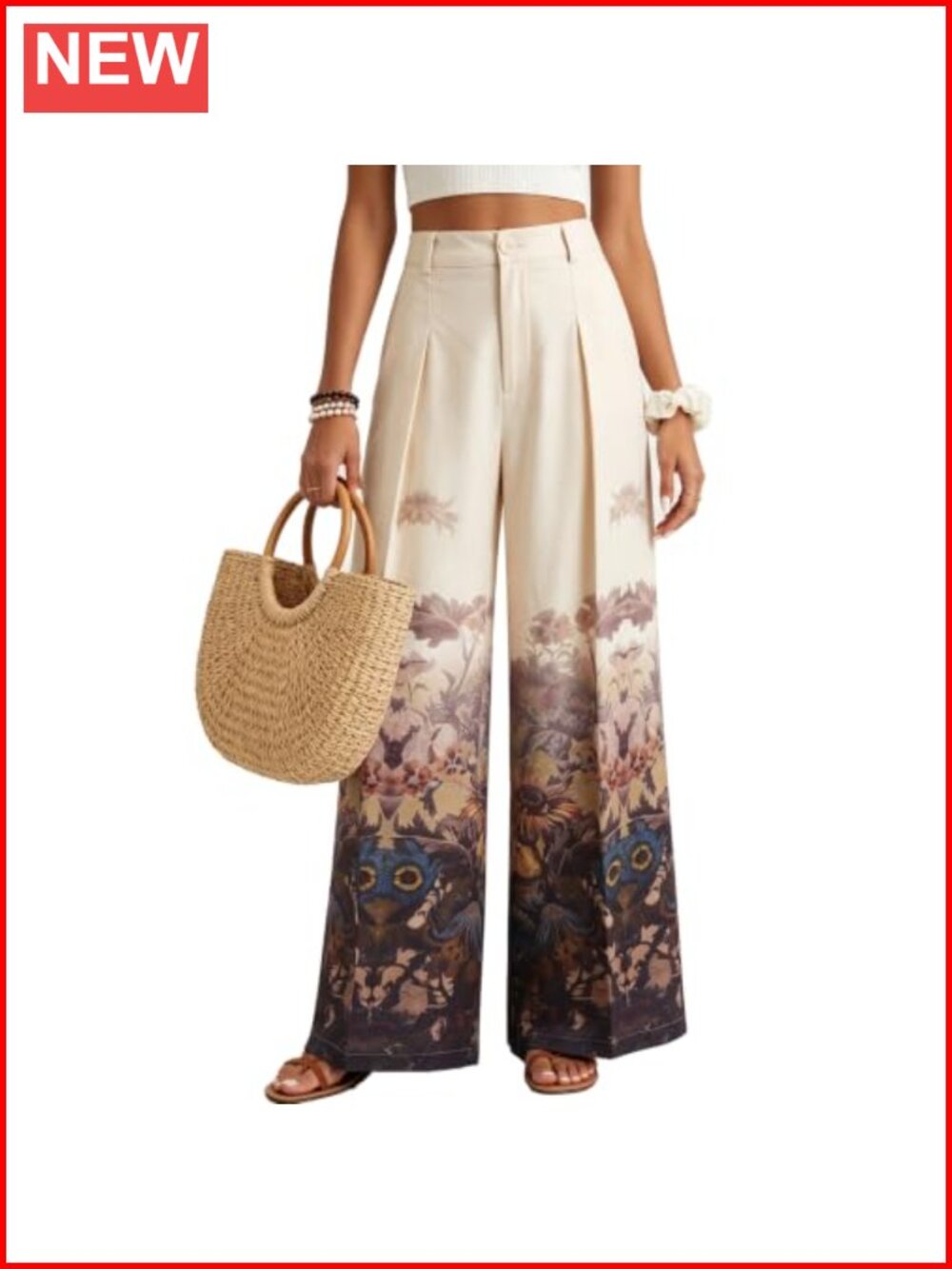 Wide Leg Pleated Cotton Palazzo Pants High Waist Floral Print